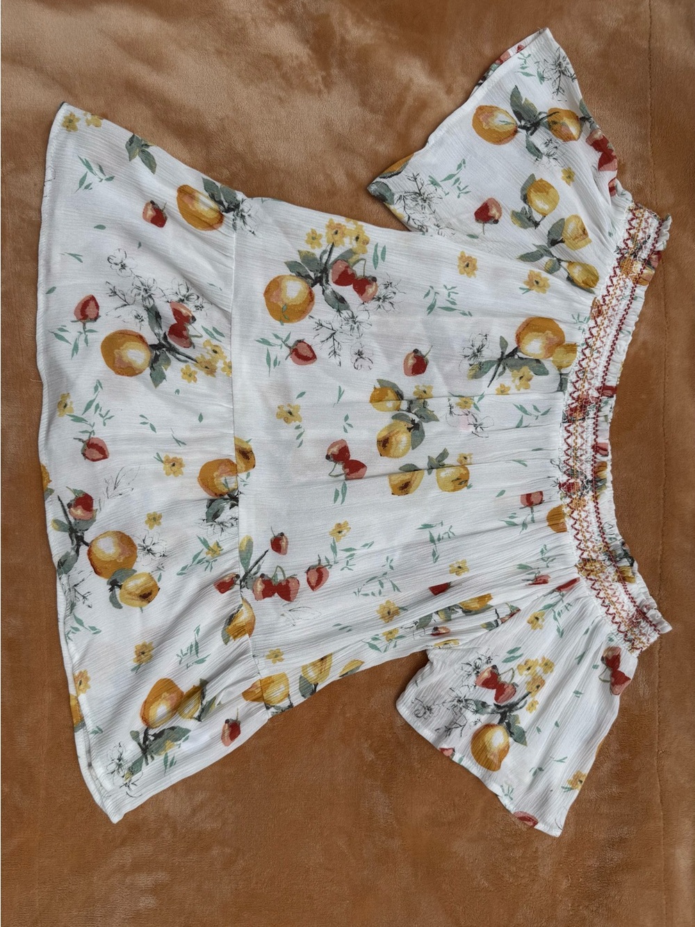 Maurices White Off-Shoulder Top with Yellow and Red Fruit Print